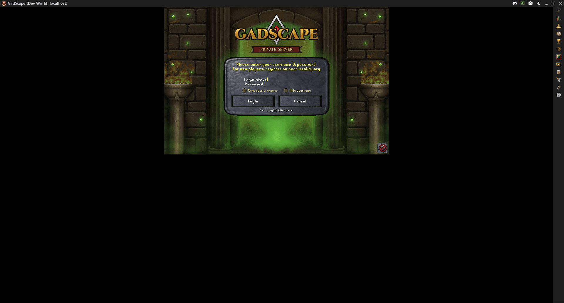 GadScape login gate, framed by torch-lit stone pillars and a rift-green glow